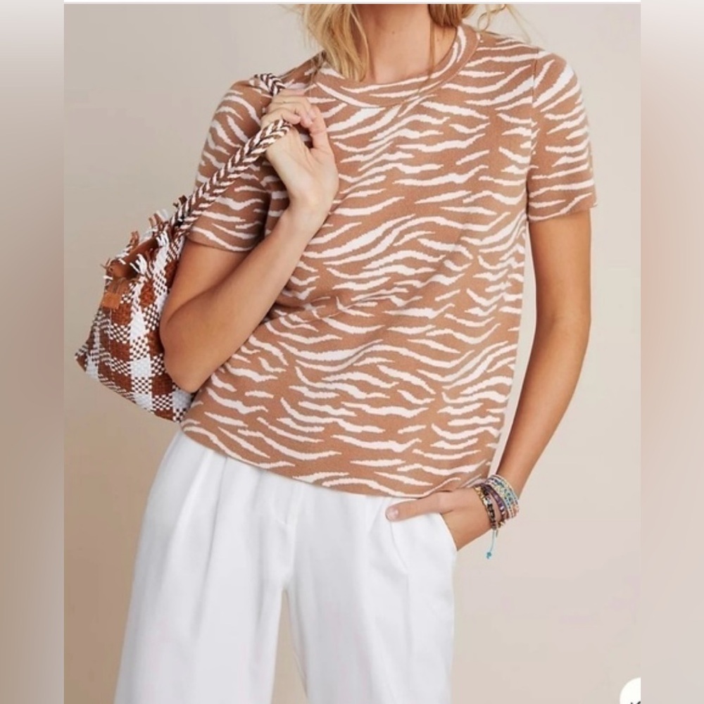 Anthropologie Evanna Crew Neck Short Sleeve Sweater Tee In Tan Zebra Size L, NWT